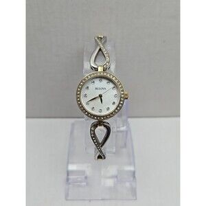 Bulova Womens Crystal Two Tone Bracelet Watch White MOP Dial New Battery Quartz
